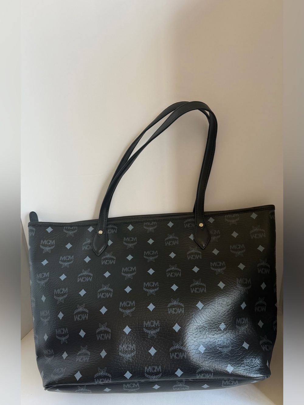 MCM Black Logo Stripe Tote with Purple and Aqua Accents - Picture 2 of 13